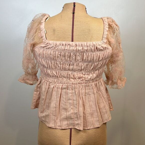 NWT Umgee Pastel Pink Rushed Bodice Sheer Floral Sleeve Blouse - Size Small - Picture 9 of 13